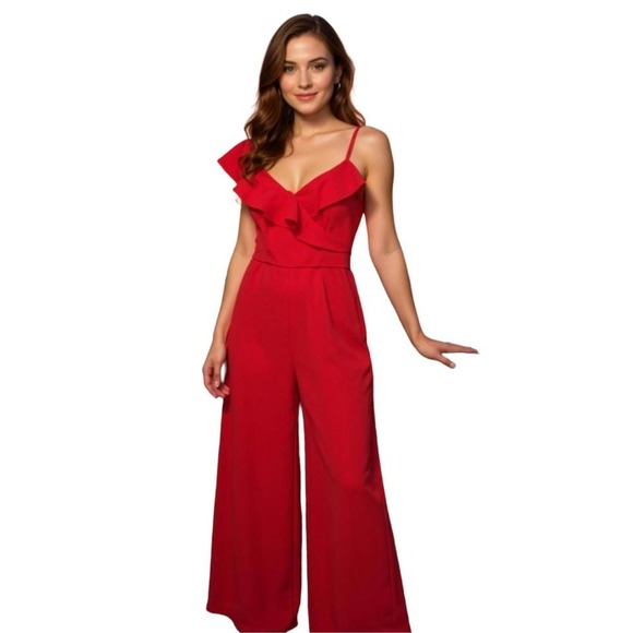 Red Ruffle Jumpsuit Wide Leg Sleeveless Party - Picture 1 of 4